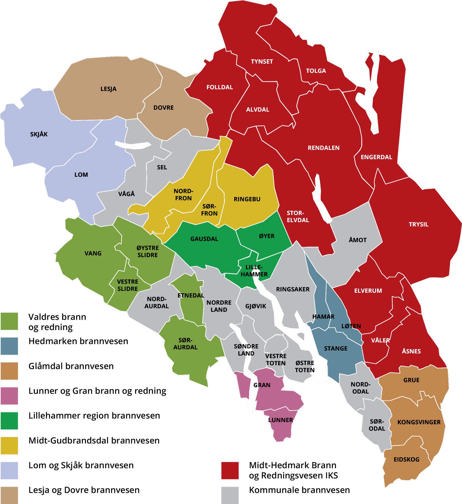 Kart over inndeling av brannvesen i Innlandet. Det er 9 kommunale brannvesen og et kommunalt som dekker hele fylket