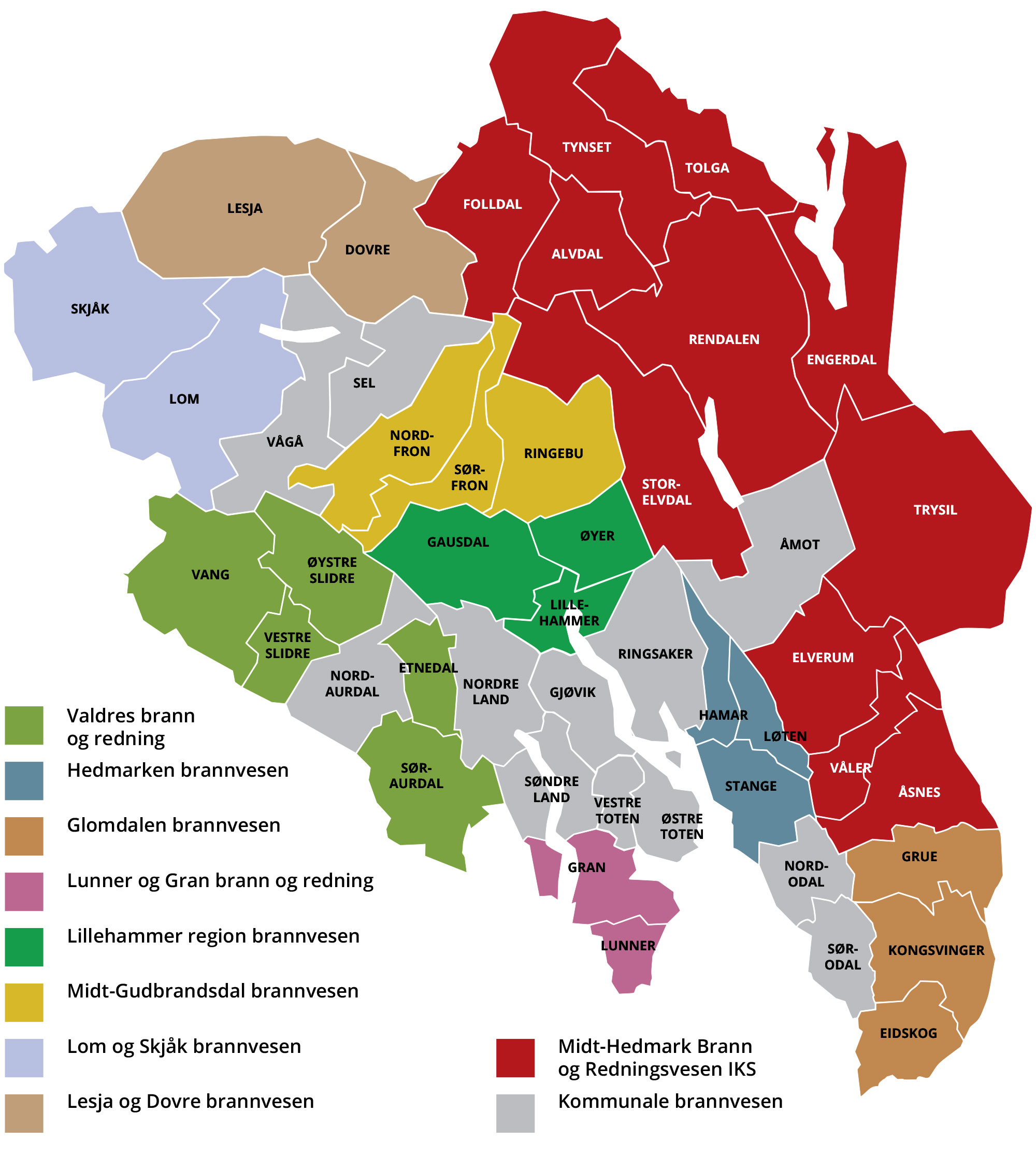 Kart som viser hvilket Brannvesen som dekker hvilke kommuner og der det er kommunale brannvesen.