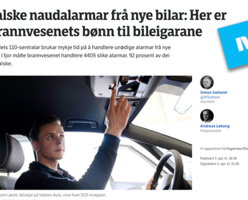 Faksimile NRK. Falske nødalarmer i nye biler. Brannvesenets bønn til bileiere.
