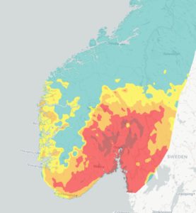 Kart over sør-norge som viser faren for skogbrannfare.